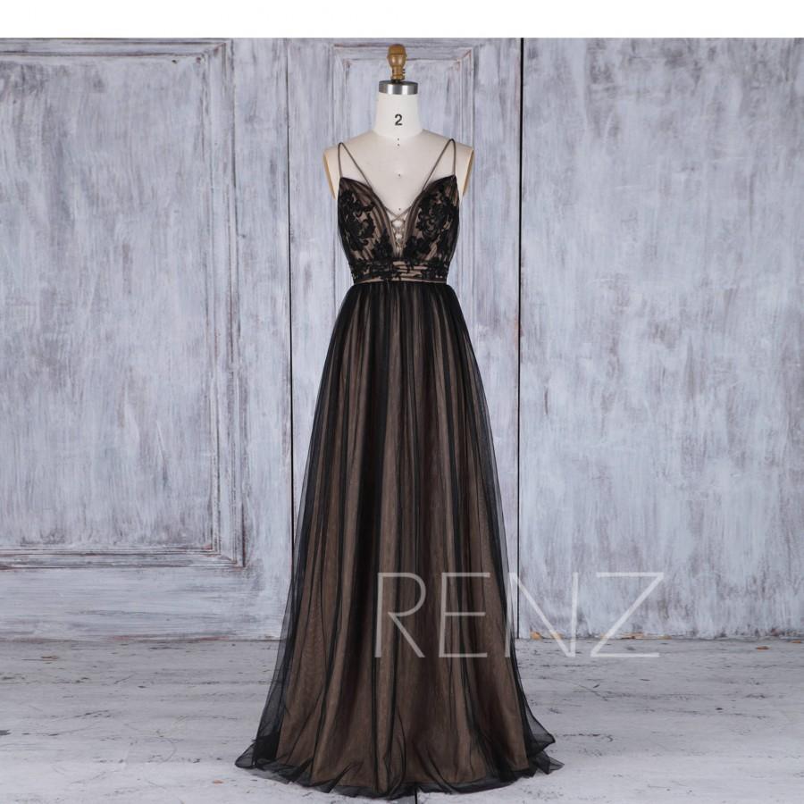 Hochzeit - Bridesmaid Dress Black Tulle Wedding Dress,Spaghetti Strap Lace Up Long Prom Dress,Lace Applique Low Back Evening Dress Full Length(HS473)
