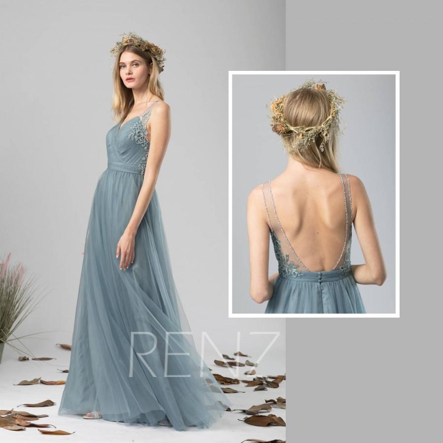 Mariage - Bridesmaid Dress Dusty Blue Tulle Dress Wedding Dress,V Neck Maxi Dress,Lace Illusion Open Back Party Dress,Sleeveless Evening Dress(LS419)