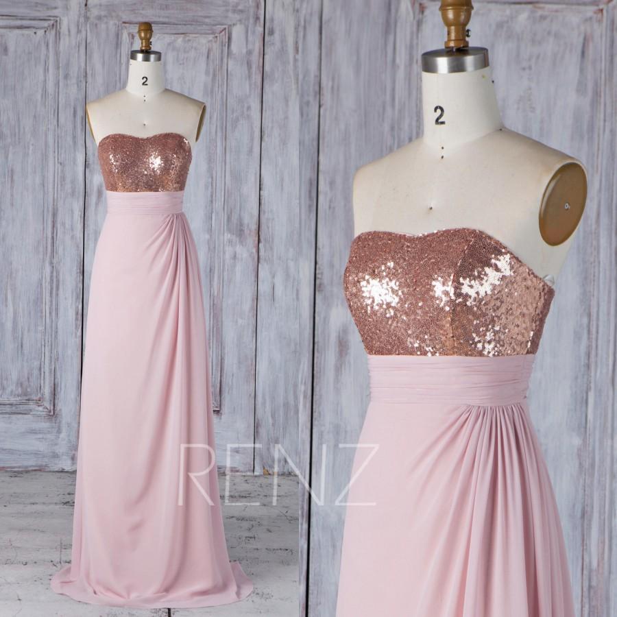 Hochzeit - Bridesmaid Dress Rose Gold Sequin Blush Chiffon Wedding Dress,Sweetheart Strapless Long Prom Dress,Asymmetric Skirt Evening Dress (HQ532)
