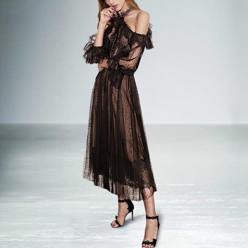 زفاف - Vogue Sexy Bishop Sleeves Halter Off-the-Shoulder High Waisted Tulle Spring Formal Wear Dress - Bonny YZOZO Boutique Store