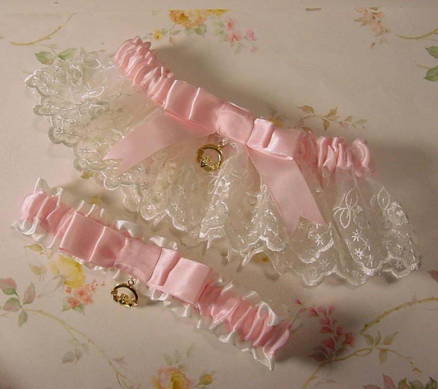 Hochzeit - Irish LACE  wedding garter set pink and white Claddagh Charm HEIRLOOM ELEGANCE