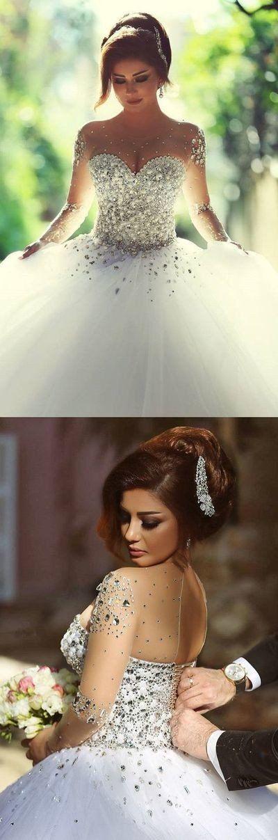 زفاف - White Sheer Long Sleeves Beaded Sweetheart Crystals Ball Gown Corset Tulle Wedding Dresses PM159