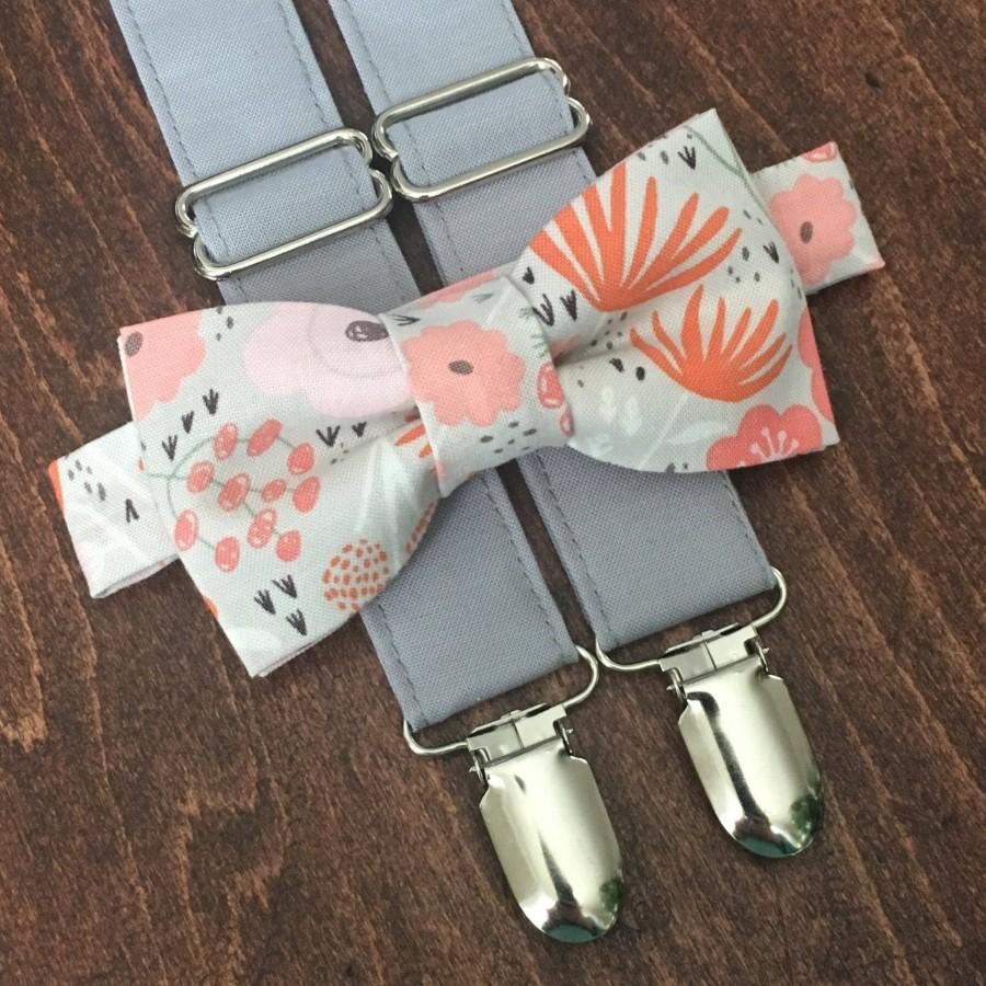 Wedding - Coral and blush floral Bow Tie and gray Suspender Set for men, boys, toddlers, and babies. Sent 1-3 business days after you order