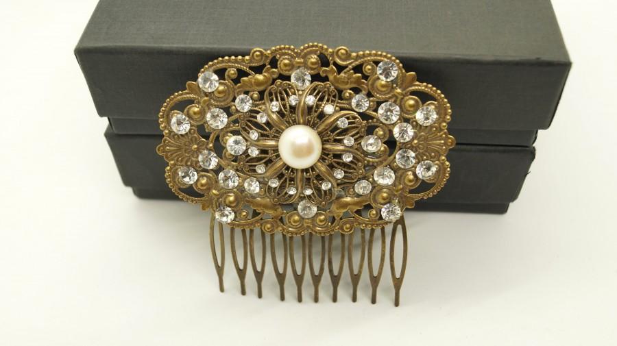 زفاف - Bridal hair comb-Antique brass Swarovski crystal art deco wedding hair comb-Bridal accessories-Bridal headpiece-Wedding jewelry-Hair piece - $52.00 USD