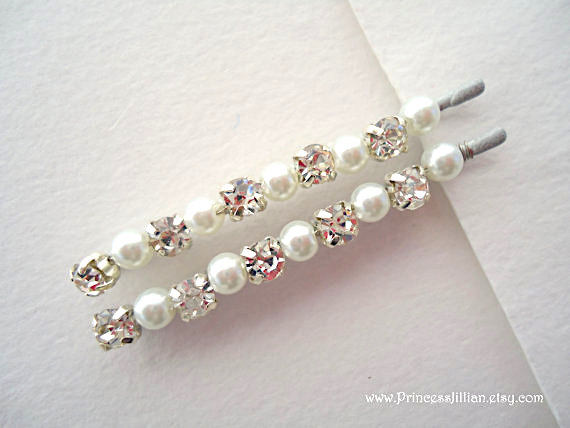 Hochzeit - Bridal Rhinestone and pearl bobby pins - Sophisticated classic minimalist embellish decorative jeweled traditional wedding hair accessories