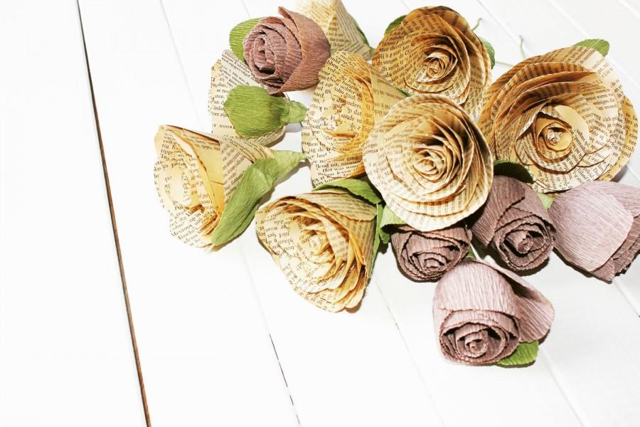 Wedding - 6 PCS gray flowers  paper flowers Vintage Origami flowers, rustic PAPER book PAGES, paper flowers