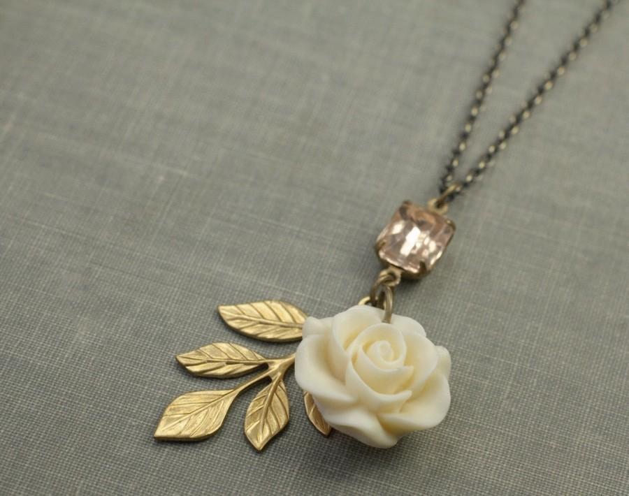 زفاف - Rose bridal necklace antique brass leaves blush pink rhinestone vintage inspired wedding jewelry bridesmaid rosaline crystal bronze cream
