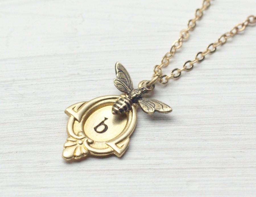 Wedding - Initial necklace personalized brass bee vintage style retro hand stamped pendant wedding bridesmaid gifts monogram