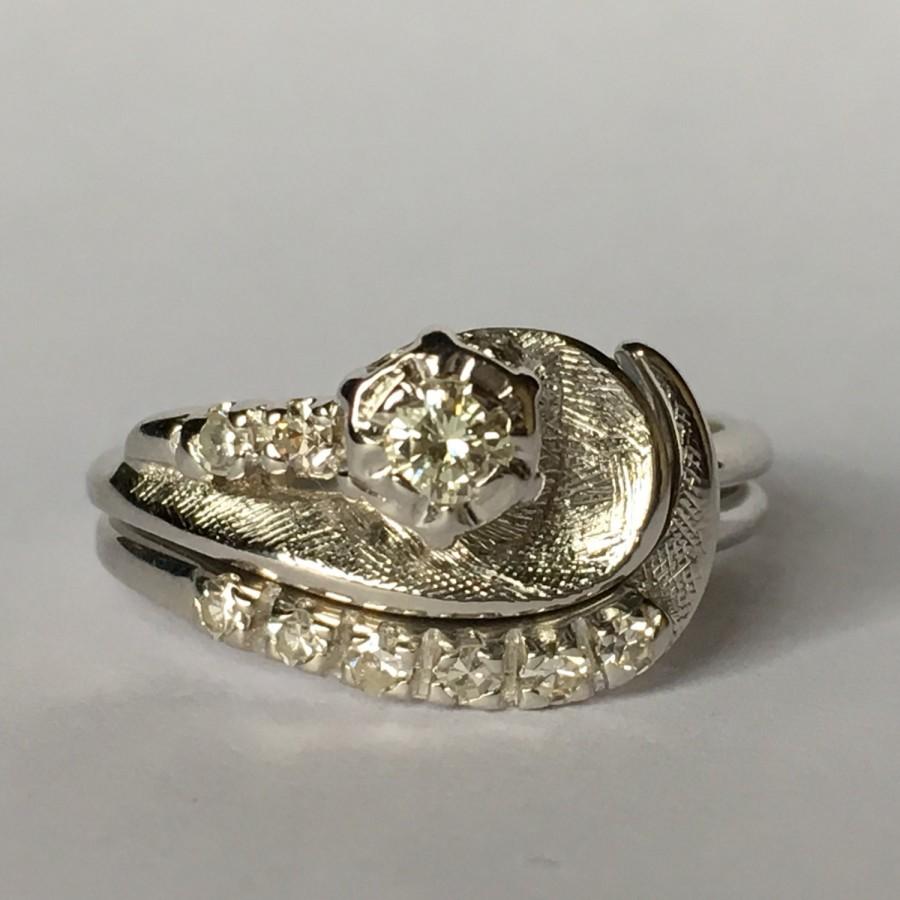 Wedding - Vintage Diamond and Gold Wedding Ring Set. Diamond Engagement Ring. Diamond Wedding Band. 0.74 Total Carat Weight. 14K White Gold Setting.