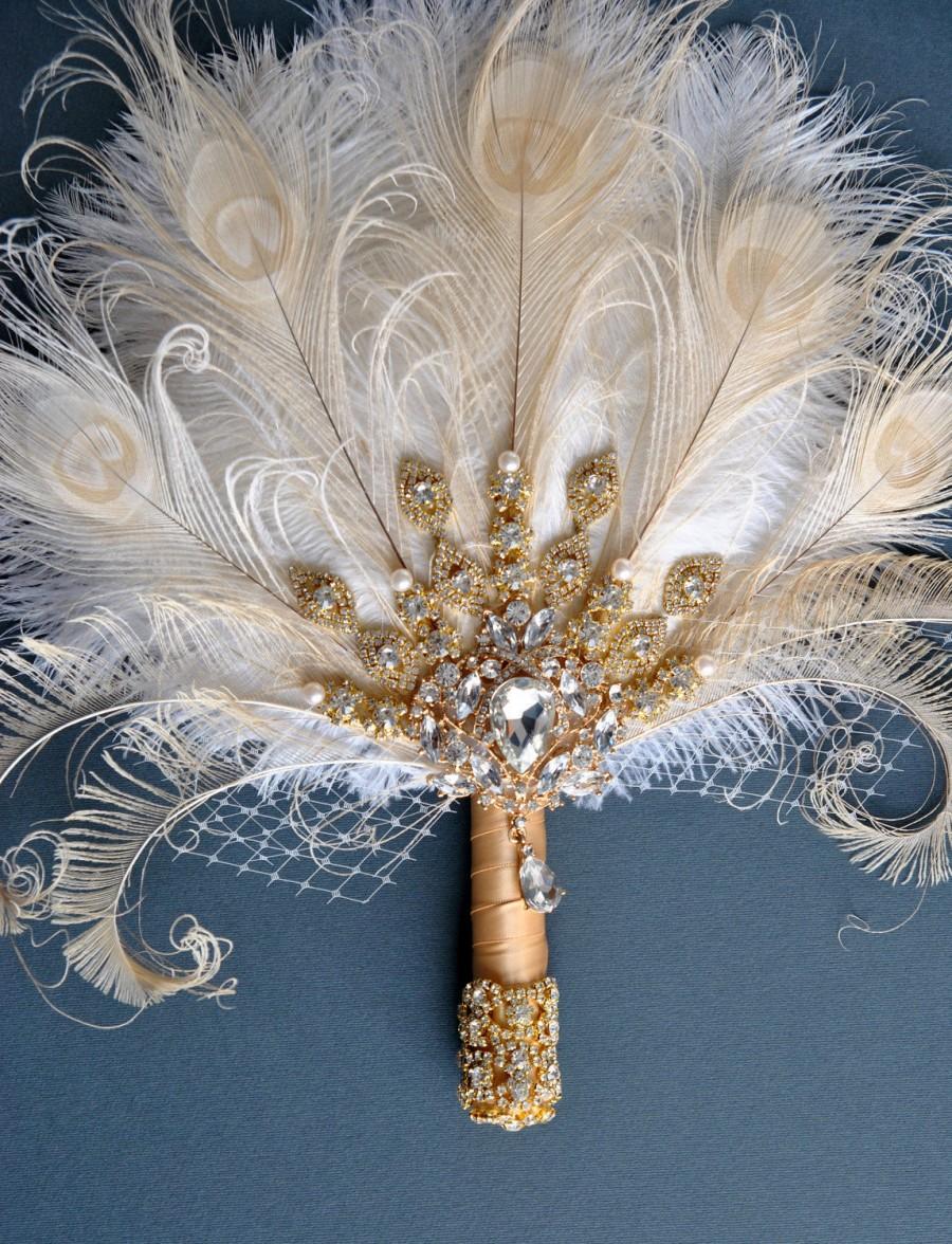 Hochzeit - Gold Bridal brooch Bouquet Ostrich Big alternative Feather Fan Bridal Bouquet Ivory Great Gatsby 1902s art deco wedding Roaring 20's bouquet