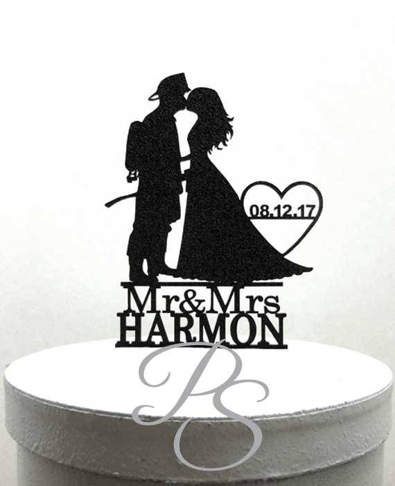 Hochzeit - Personalized Wedding Cake Topper - Firefighter and Bride 2 Silhouette with Mr & Mrs name and wedding date