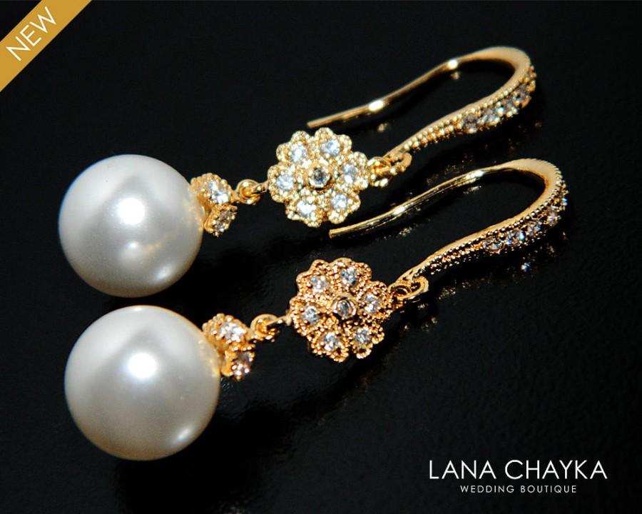 Wedding - White Pearl Gold Bridal Earrings, Swarovski 10mm Pearl Chandelier Earrings, Bridal Bridesmaids Pearl Jewelry, Prom Pearl Earrings, Weddings - $33.50 USD