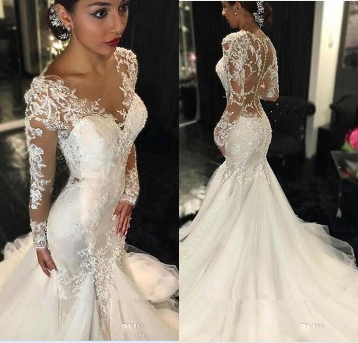 زفاف - Long Sleeves Mermaid Wedding Dress with Sheer Back