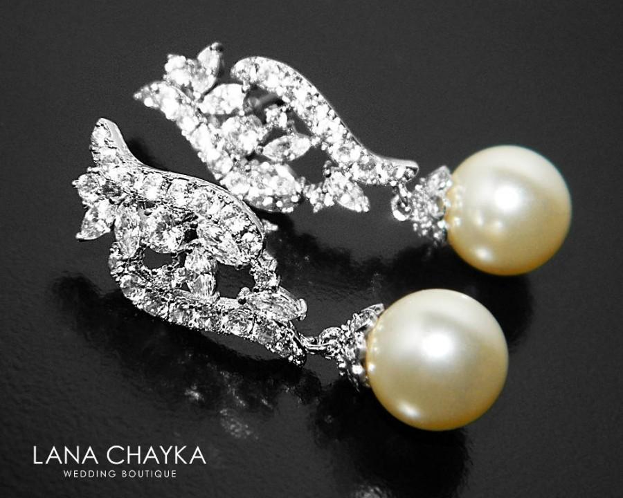 Mariage - Cubic Zirconia Pearl Bridal Earrings, Swarovski 10mm Pearl Silver Earrings, Wedding Pearl Earrings, Pearl Bridal Jewelry, Prom Pearl Earring - $34.50 USD