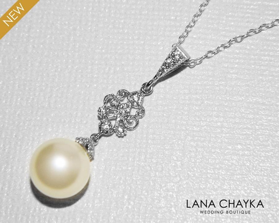 زفاف - Pearl Bridal Necklace, Swarovski 10mm Ivory Pearl Necklace, Wedding Pearl Silver Necklace, Bridal Bridesmaid Jewelry, Prom Pearl Necklace - $29.50 USD