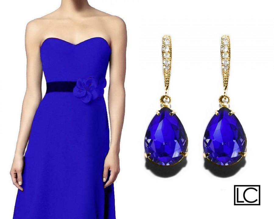 Wedding - Blue Crystal Earrings, Swarovski Majestic Blue Teardrop Earrings, Cobalt Gold Earrings, Sapphire Bridesmaid Jewelry Royal Blue Prom Earrings - $25.00 USD