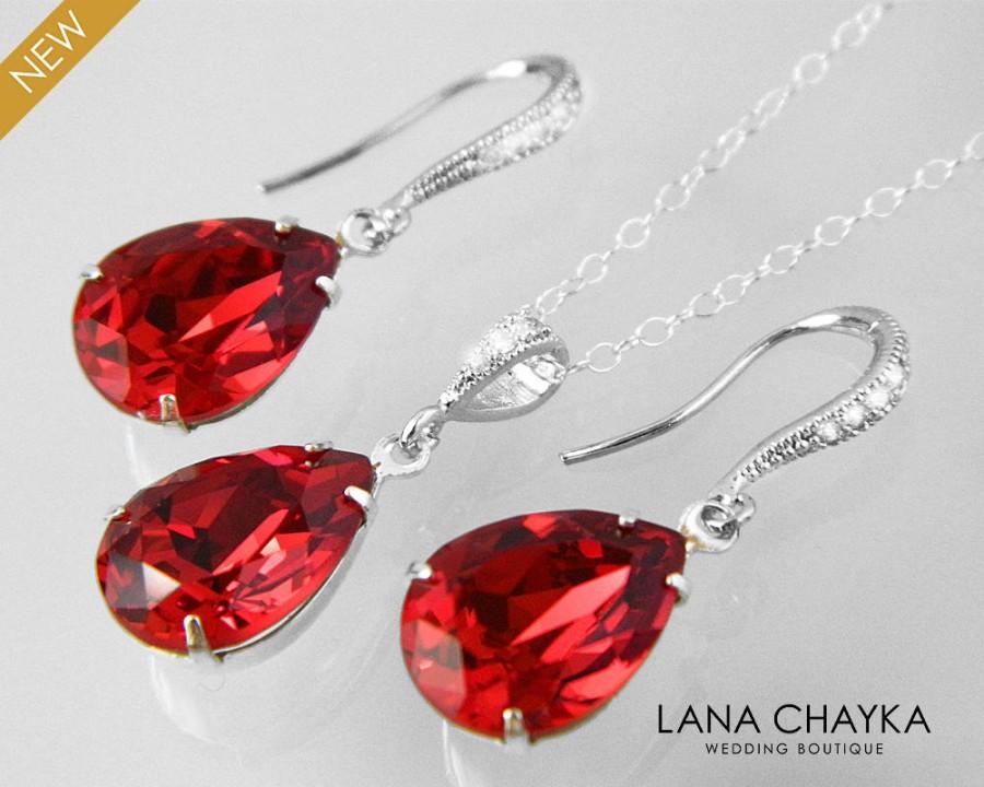 Wedding - Red Crystal Jewelry Set Swarovski Scarlet Red Earrings&Necklace Set Bright Red Silver Teardrop Jewelry Set Bridesmaid Bridal Red Jewelry Set - $48.00 USD