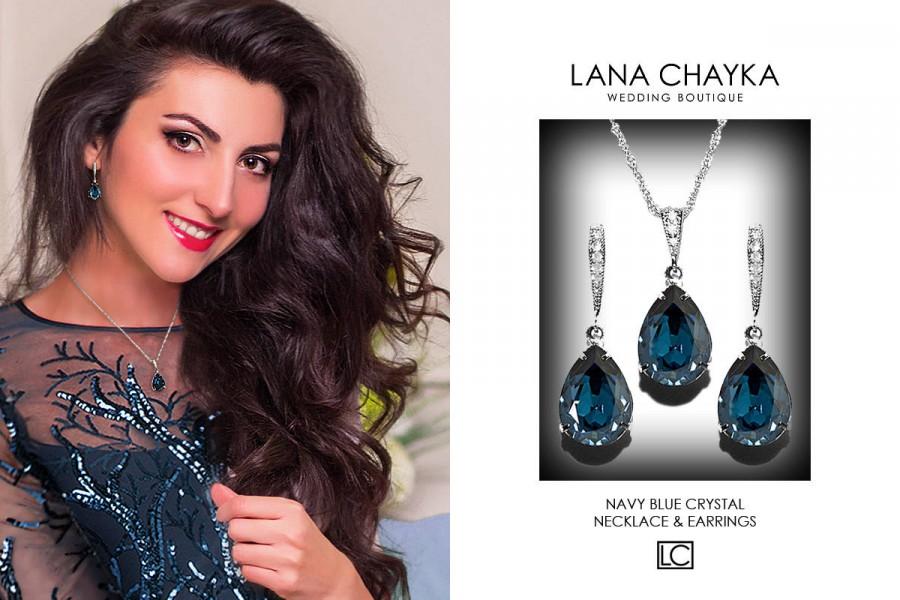 زفاف - Navy Blue Crystal Jewelry Set, Swarovski Montana Blue Silver Set, Dark Blue Earrings&Necklace Bridal Set, Prom Jewelry, Bridesmaids Jewelry - $48.00 USD