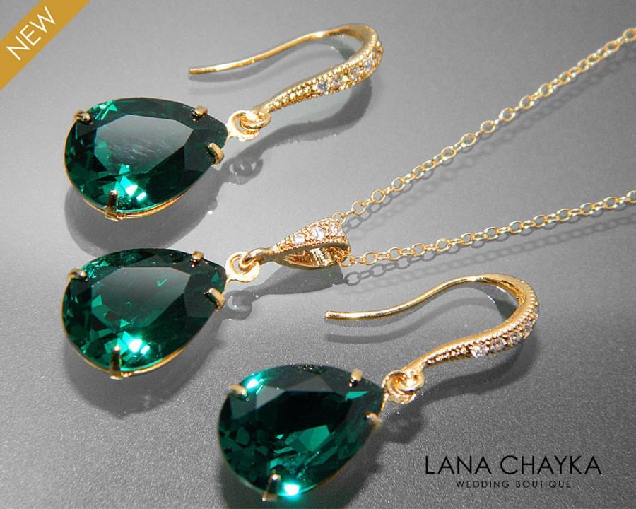 Wedding - Emerald Green Crystal Jewelry Set Emerald Gold Earrings&Necklace Set Swarovski Emerald Rhinestone Jewelry Set Wedding Green Jewelry Sets - $48.00 USD