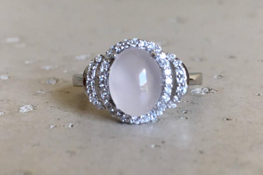 Wedding - Peach Moonstone Promise Ring- Deco Moonstone Engagement Ring- Oval Moonstone Solitaire Ring- June Birthstone Ring- Halo Anniversary Ring