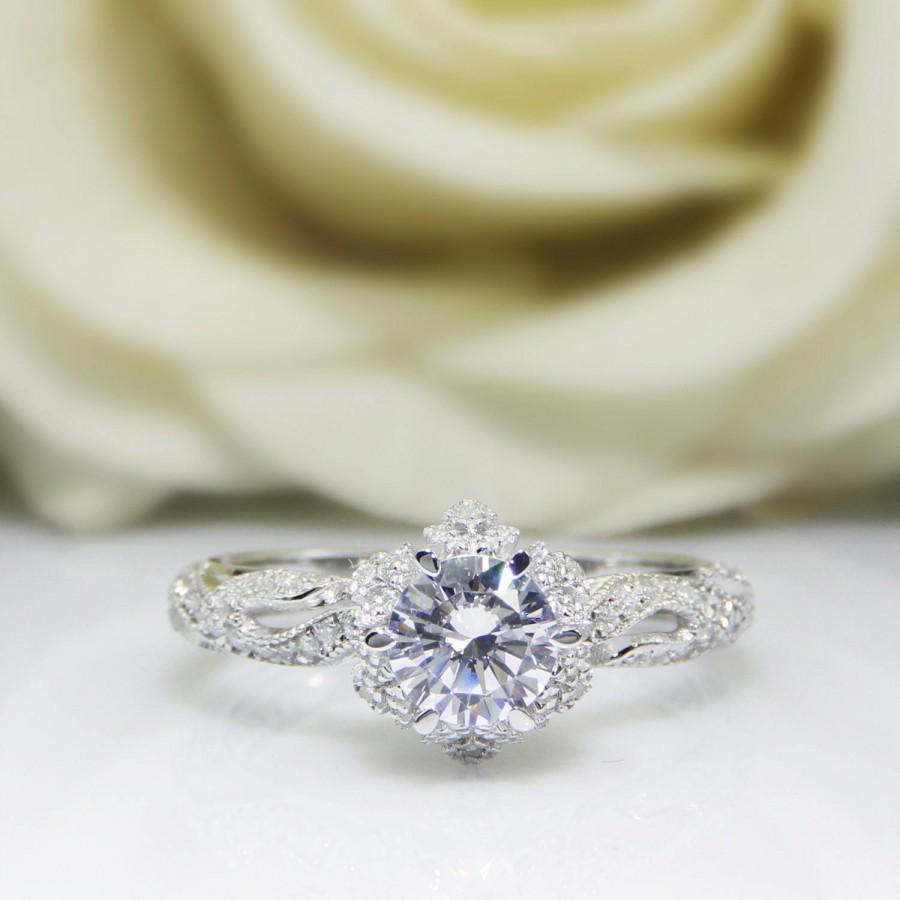 زفاف - Vintage 6.5mm Round Cut F Color Moissanite Center,14K Solid White Gold,Ring for Women Engagement Ring,Anniversary Ring,Art Deco(R0640)