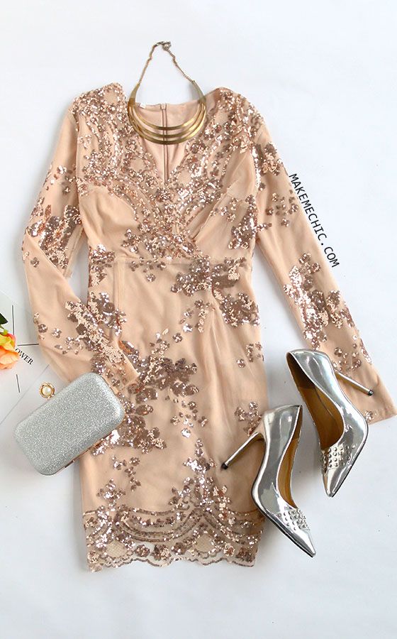 Mariage - Pink Surplice Front Embroidered Sequin Dress 