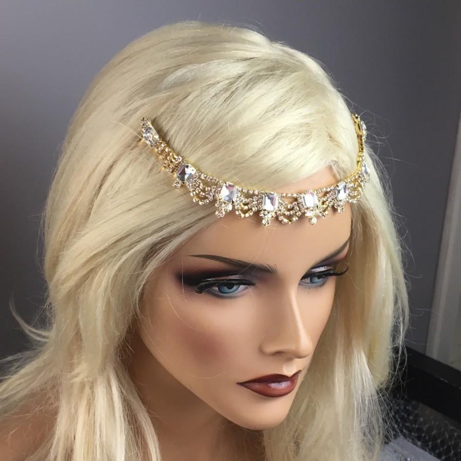 زفاف - Bridal Gold Rhinestone Tiara,  ArtDeco Bridal Headpiece,  Forehead or Backside Head Chain, Gold or Silver Rhinestone Tiara