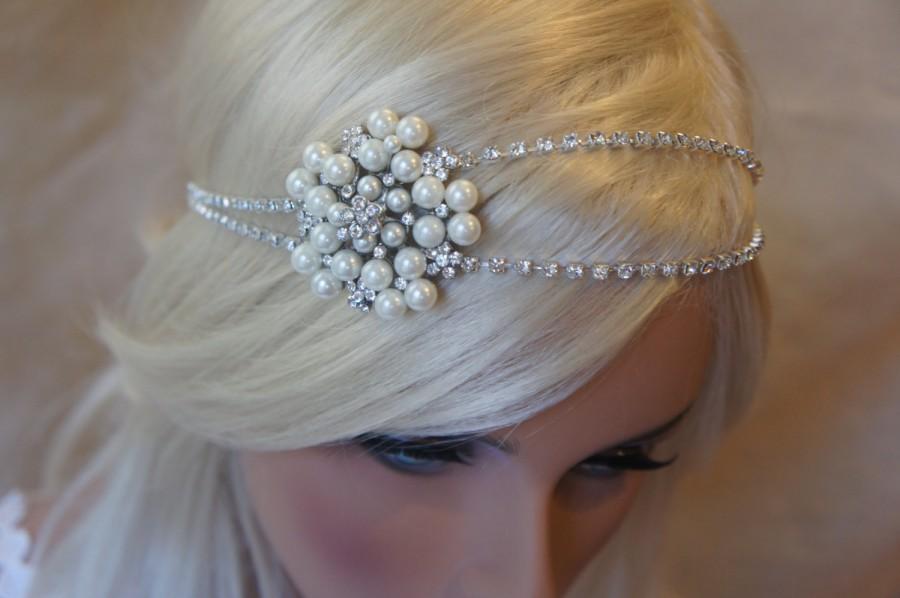 زفاف - Rhinestones Bridal Headband, Boho Bride, Halo, Double Chain Bride Headband, Bridal Rhinestone Headband, Vintage Pearls Brooch, Gold/Silver