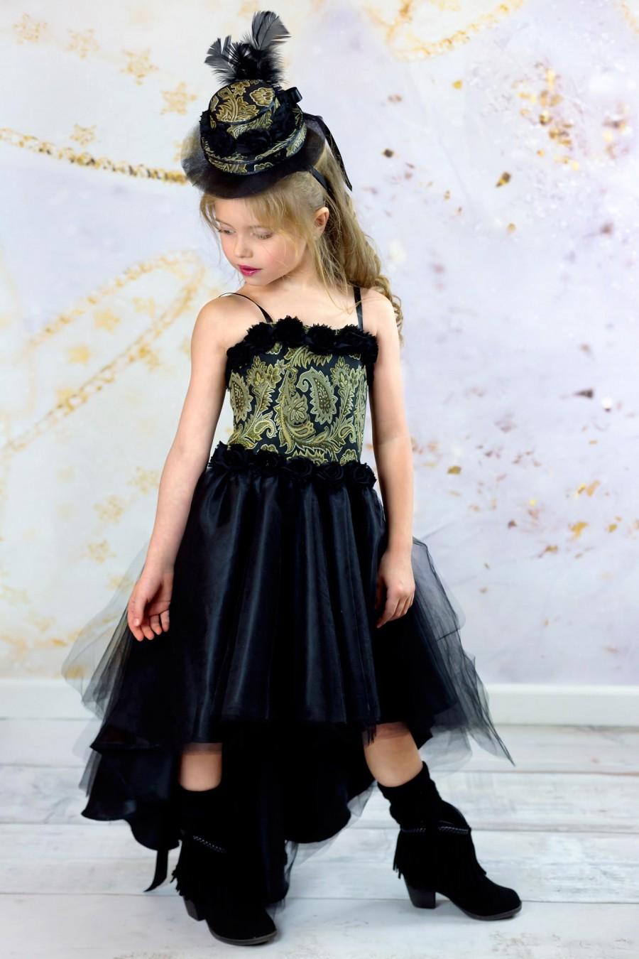 Mariage - Girls Haute Couture Dress - Black and Gold Corset Dress - Pageant Gown - High Low Party Dress - Fascinator Hat - Flower Girl Dress 3t to 10
