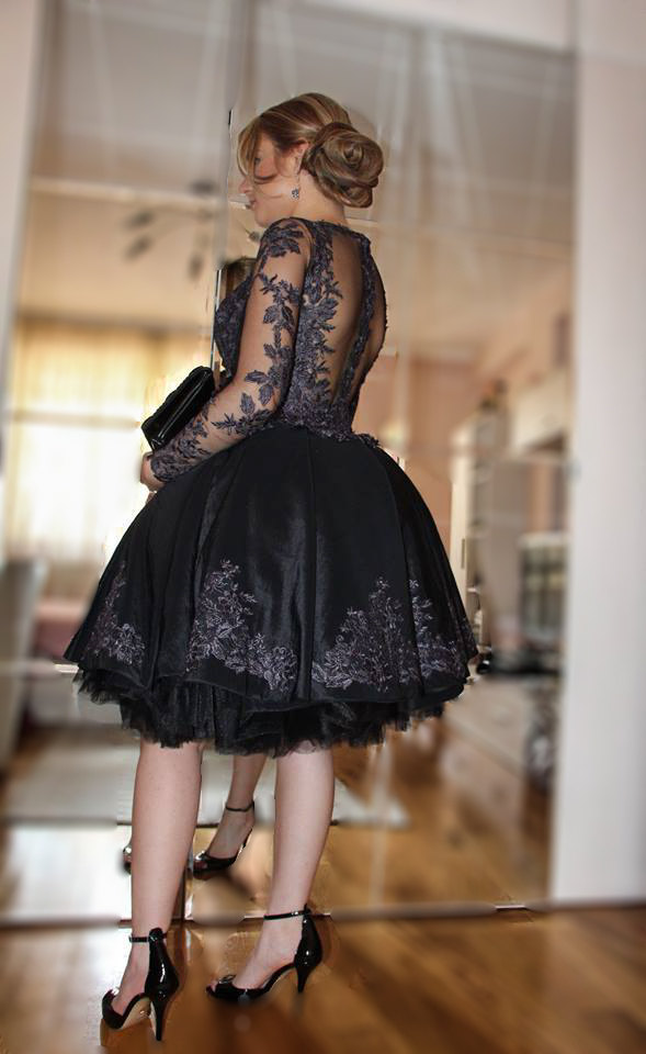 زفاف - Short black dress, Knee length dress, Party dance dress, Long sleeve dress, Formal blush dress, Prom cocktail dress, Black bridesmaid dress