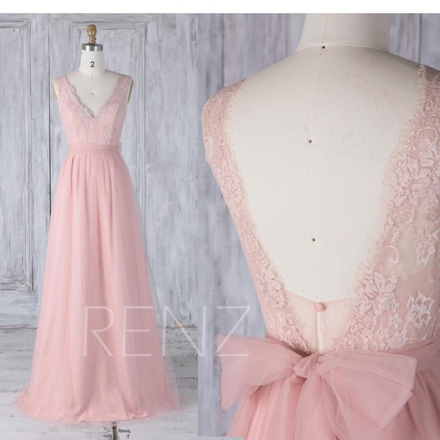 Hochzeit - Bridesmaid Dress Blush Pink Tulle Dress,Wedding Dress,V Neck Prom Dress,Lace Illusion V Back Maxi Dress,Sleeveless A-Line Party Dress(LS325)