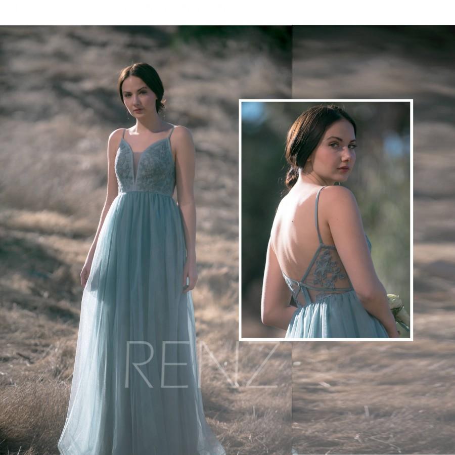 زفاف - Bridesmaid Dress Dusty Blue Tulle Dress Wedding Dress,Spaghetti Strap Maxi Dress,V Neck Party Dress,Lace Illusion Back Evening Dress(LS389)