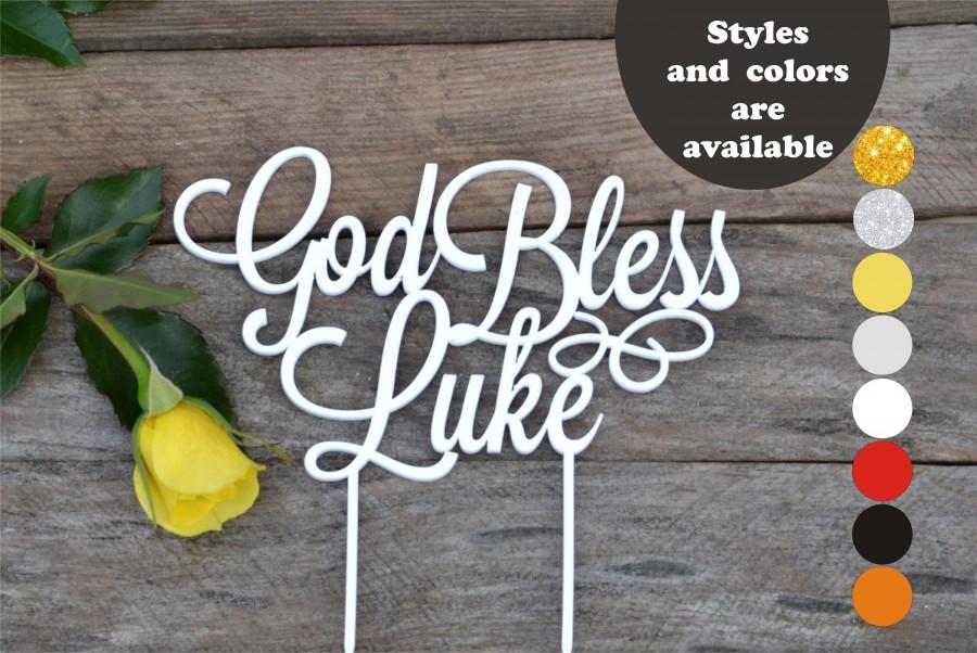 Mariage - God Bless Cake Topper Baptism Christening First Holy Communion Cake toppers Custom Name Cake Topper Personalized Babyshower Decorations
