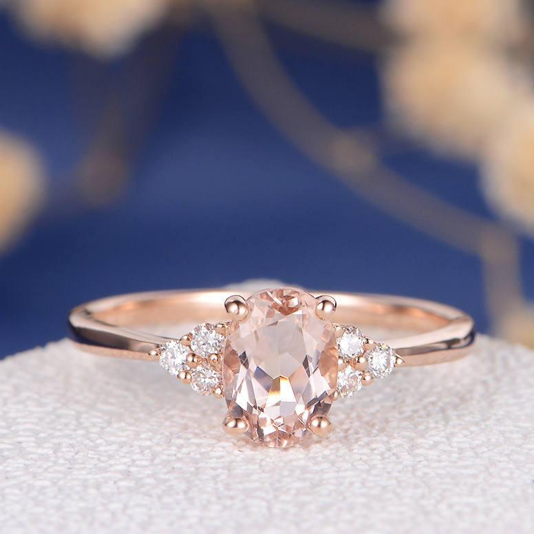 Morganite Engagement Ring 14k Rose Gold Oval Cut Morganite Wedding Ring Antique Art Deco Women Promise Anniversary Gift For Her