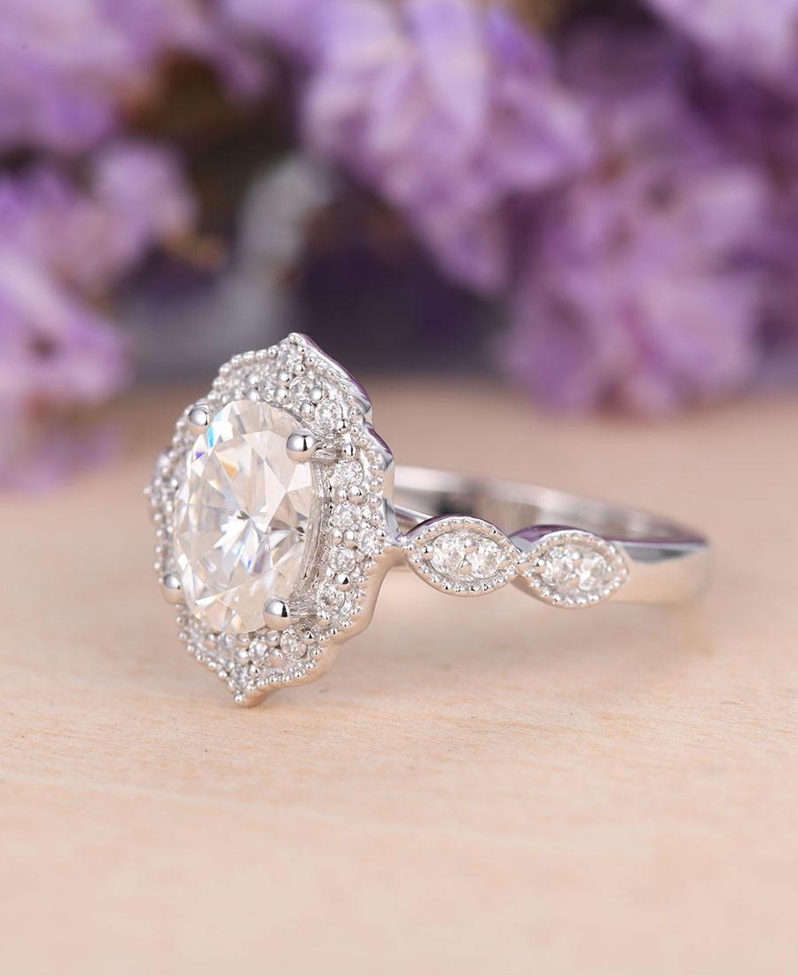 Свадьба - Moissanite engagement ring Vintage Women oval cut 14k gold milgrain Antique Art deco Half Eternity Wedding Jewelry Anniversary Gift for her
