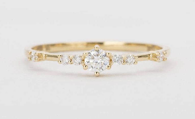 Свадьба - Diamond Engagement Ring Cluster 18K Gold Wedding Band 7 Diamonds Dainty Feminine Modern Stacking Rings Stackable Unique Handmade AD1334