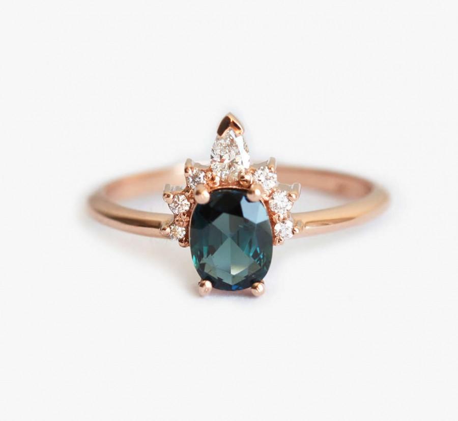 Hochzeit - Teal Blue Sapphire Ring, Sapphire Diamond Ring, Diamond Sapphire Ring, Sapphire Engagement Ring, Oval Sapphire Ring, Unique Diamond Ring