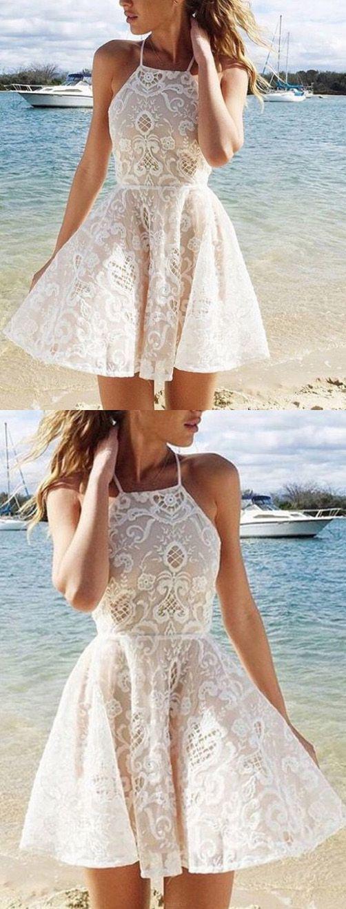 Hochzeit - Hot Sale Lace Ivory Party Homecoming Dresses Fetching Short Straps Sleeveless Dresses WF02G58-265