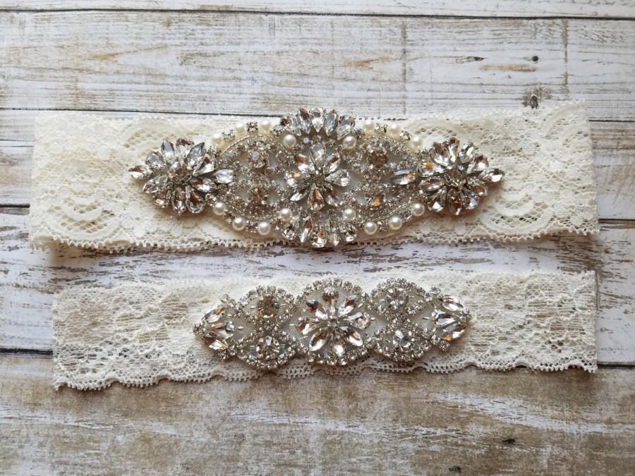 Hochzeit - SALE - Wedding Garter Set - Pearl and Rhinestone Garter Set on a Ivory Lace Garter Set with Pearl & Rhinestone - Style G23302