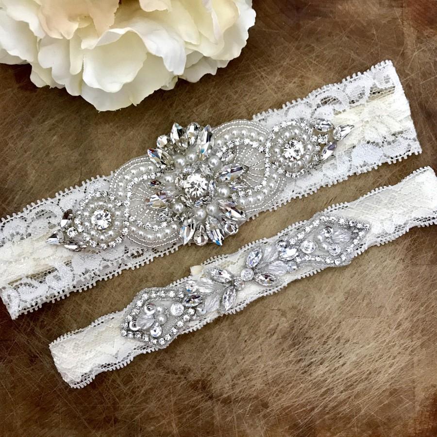 Hochzeit - Wedding Garter Set NO SLIP grip vintage rhinestones bridal garter, elegant wedding garter set B04S-CB12S