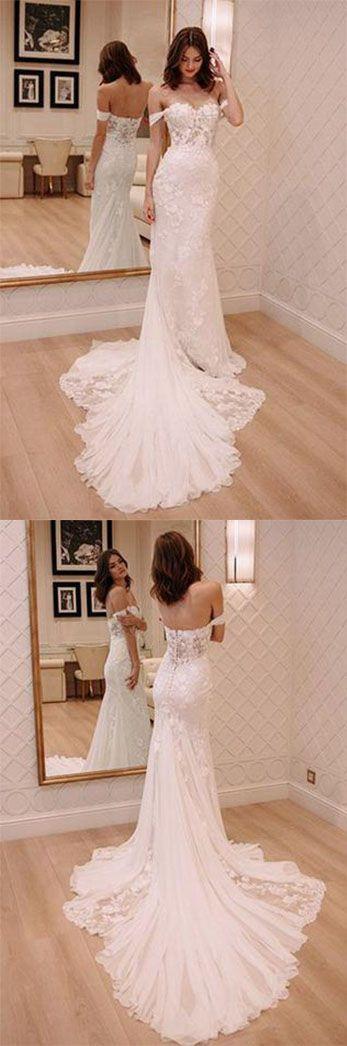 Wedding - Sheath Off-the-Shoulder White Mermaid Chiffon Lace Appliques Beach Wedding Dresses UK PH328