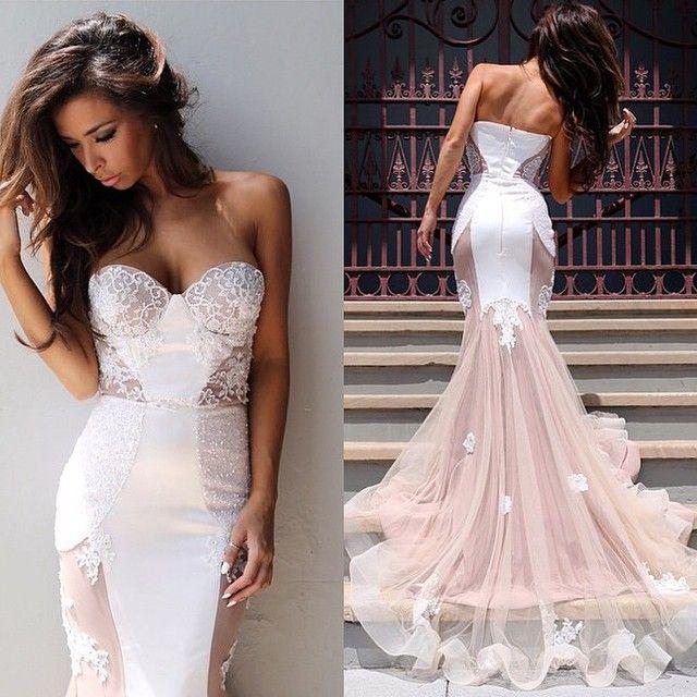 Wedding - Sexy Mermaid Sweetheart Tulle Long Evening Dress Sweep Train Lace Custom Made Zipper Evening Party Dresses