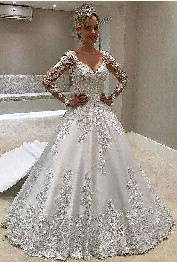 Mariage - Ball Gown Illusion Bateau Court Train Long Sleeves Satin Wedding Dress With Appliques