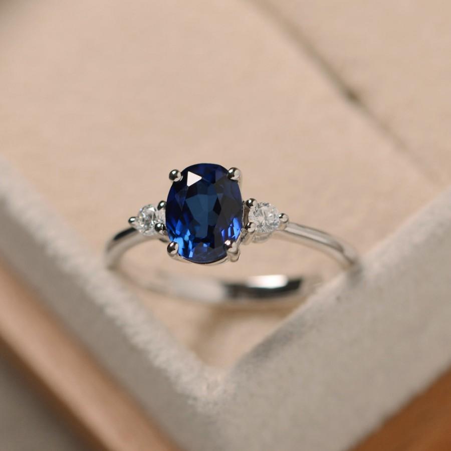 Wedding - Sapphire ring silver, blue gemstone ring sapphire, promise ring, oval cut sapphire ring