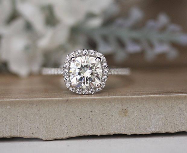 زفاف - Moissanite Engagement Ring, Cushion 7mm Forever Classic Moissanite and Diamond Halo 14k White Gold Ring, Promise Ring, Handmade Ring