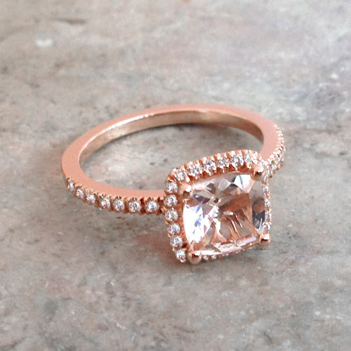 Mariage - Cushion Cut Morganite Engagement Ring 14k Rose Gold Halo Natural Pink Peach Morganite Ring Art Deco Anniversary Ring Diamond Ring