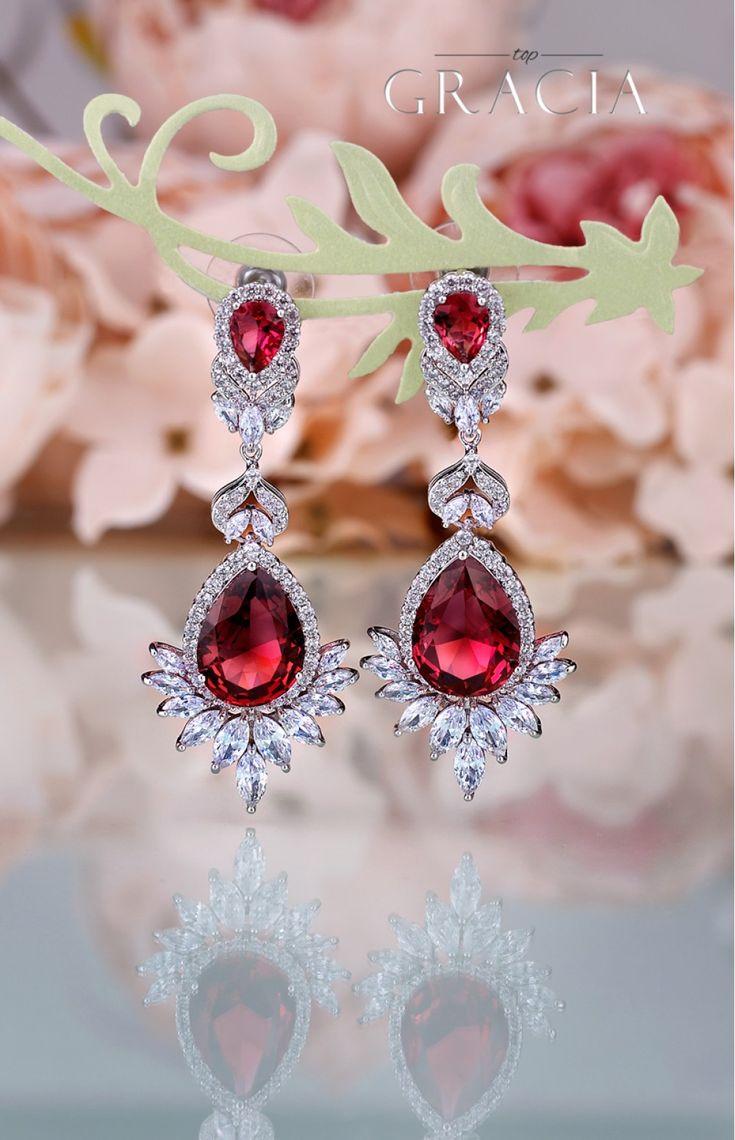 زفاف - CHRYSEIS Ruby Red Teardrop Cubic Zirconia Bridal Earrings Wedding Jewelry