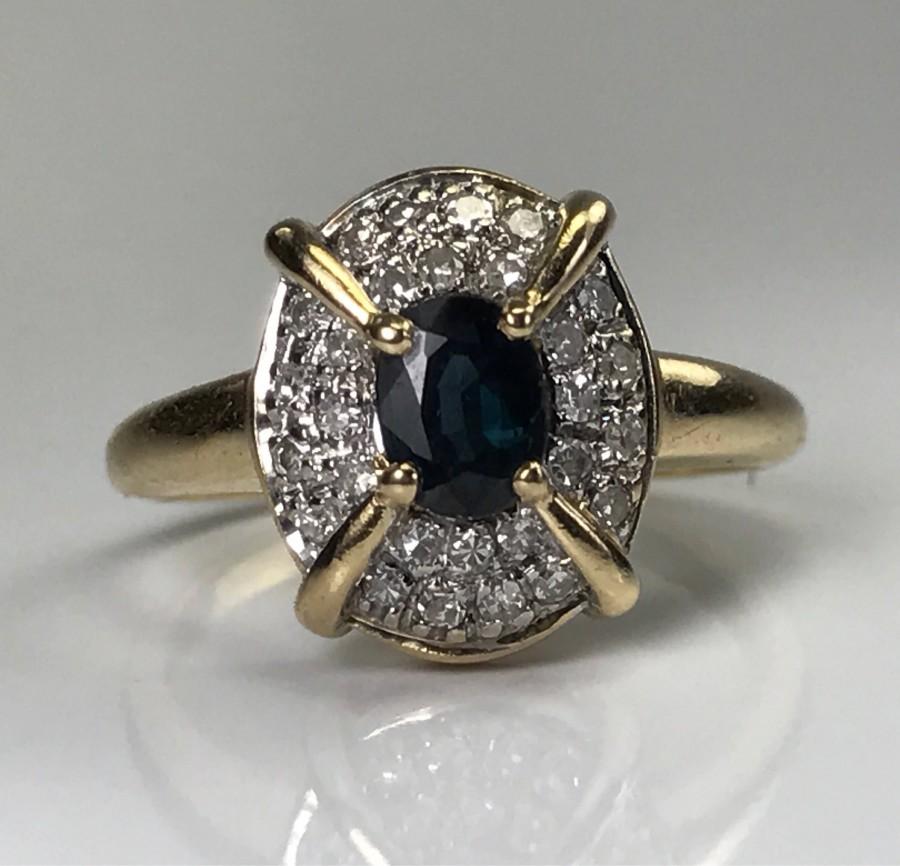 زفاف - Vintage Sapphire Ring. Diamond Halo. 14K Yellow Gold. Unique Engagement Ring. September Birthstone. 5th Anniversary Gift. Estate Jewelry.
