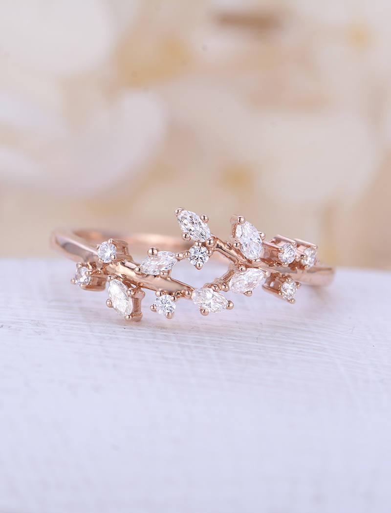 زفاف - Rose gold engagement ring Diamond Cluster ring Unique engagement ring leaf wedding Bridal Jewelry Anniversary Valentine's Day Gift for women