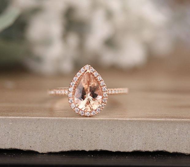 Hochzeit - Engagement Ring 14k Rose Gold Morganite Pear 10x7mm and Diamond Halo Ring, Bridal Ring, Peach Pink Morganite Pear Wedding Ring, Promise Ring
